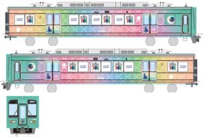 기간 한정으로 「YOASOBI 완다라호」로서 운행하는 난카이 2000계 랩핑 열차 「메데타이덴샤 ‘가타나’」의 랩핑 이미지(난카이 전기철도 제공)